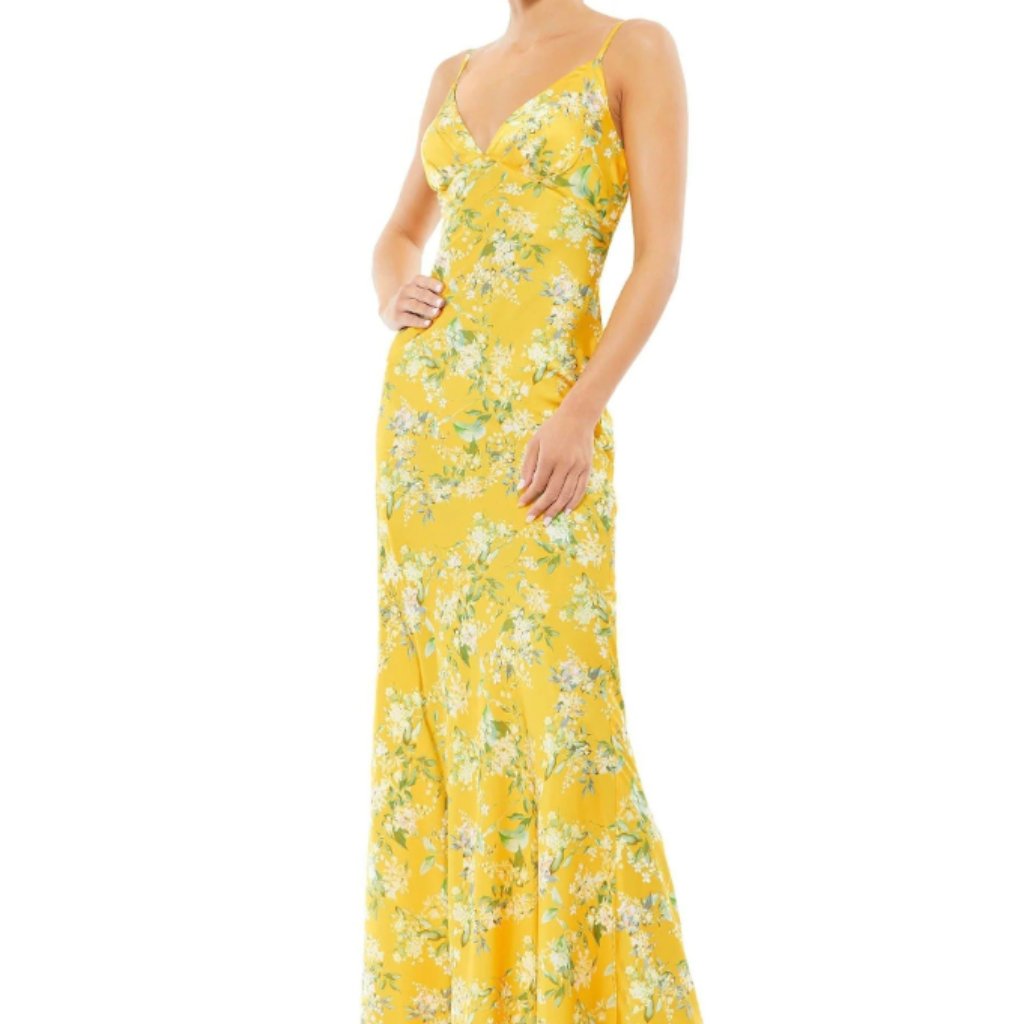 Mac Duggal 55396 Floral Drape Back Satin Yellow Multi Gown Sz 2